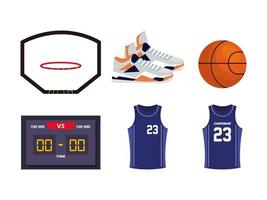 set basketbalpictogrammen, bevat pictogrammen zoals hoepelsmand, schoenen, bal, scorebord, shirts, vector