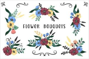 reeks van bloemen elegant boeketten. hand- trek floristisch Sjablonen met bundel van wilde bloemen, bloeiend lauwerkrans, gebladerte, bladeren. vector vlak illustratie voor uitnodiging, kaarten, schoonheid industrie, textiel