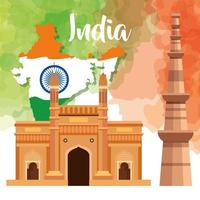 beroemde monumenten van india op de achtergrond voor gelukkige onafhankelijkheidsdag, kaart india met ashoka-wiel vector