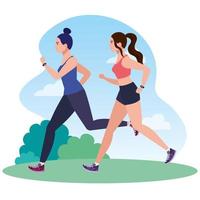 vrouwen die in landschap rennen, vrouwen in sportkleding joggen, vrouwelijke atleet, sportieve personen vector