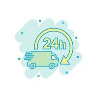 tekenfilm gekleurde levering vrachtauto 24 uur icoon in grappig stijl. 24 uren snel levering onderhoud Verzending illustratie pictogram. auto teken plons bedrijf concept. vector