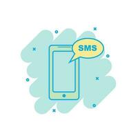 tekenfilm gekleurde smartphone met sms icoon in grappig stijl. mobiel telefoon illustratie pictogram. smartphone plons bedrijf concept. vector