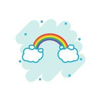 tekenfilm gekleurde regenboog met wolken icoon in grappig stijl. weer illustratie pictogram. regenboog teken plons bedrijf concept. vector