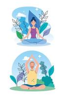 paar mediteren in de natuur en bladeren, concept voor yoga, meditatie, ontspannen, gezonde levensstijl vector