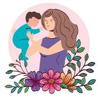 moeder die babyjongen met bloemendecoratie opheft vector