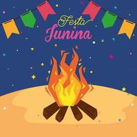 festa junina poster met vreugdevuur en slingers hangen vector