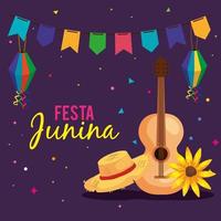 festa junina poster met gitaar en traditionele iconen vector