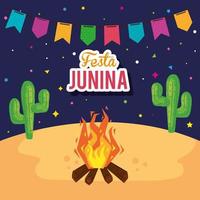 festa junina poster met vreugdevuur en iconen traditioneel vector