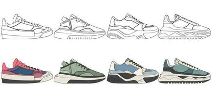 reeks van schoenen sneaker tekening vector, sportschoenen getrokken in een schetsen stijl, bundelen sportschoenen trainers sjabloon, vector illustratie.