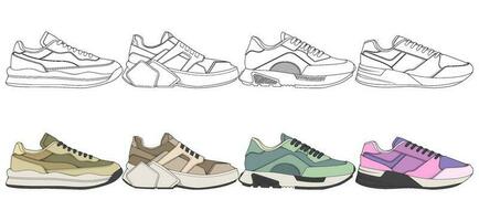 reeks van schoenen sneaker tekening vector, sportschoenen getrokken in een schetsen stijl, bundelen sportschoenen trainers sjabloon, vector illustratie.