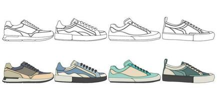 reeks van schoenen sneaker tekening vector, sportschoenen getrokken in een schetsen stijl, bundelen sportschoenen trainers sjabloon, vector illustratie.