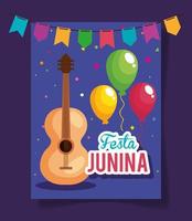 festa junina poster met gitaar en traditionele iconen vector