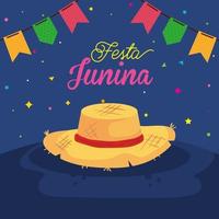 festa junina poster met rieten hoed en decoratie vector