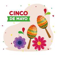 cinco de mayo poster met maracas en bloemendecoratie vector