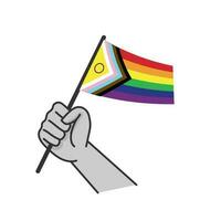 hand- Holding lgbt regenboog vlag. tekenfilm arm tekening Holding trots symbool. geslacht verscheidenheid vertegenwoordiging. vector