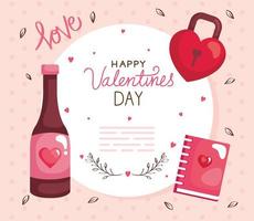 happy Valentijnsdag kaart met fles wijn en decoratie vector