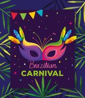 poster van braziliaans carnaval met masker en tropische bladeren vector