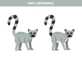 vind drie verschillen tussen twee afbeeldingen van schattig lemur. spel voor kinderen. vector