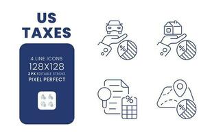 ons belastingen lineair bureaublad pictogrammen set. betaling verplichtingen. staat inkomen. irs controleren. federaal omzet. pixel perfect 128x128, schets 2px. geïsoleerd gebruiker koppel elementen pak voor website. bewerkbare beroerte vector