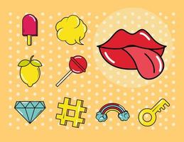 pop-art komische stijl mode patch badges met lippen snoep fruit plat pictogrammen set vector