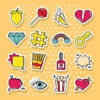 popart komische stijl stickers mode retro gestippelde achtergrond plat pictogrammen set vector