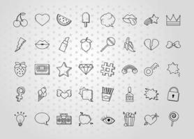 pop-art komische stijl grappige mode stickers kit lijn iconen set vector