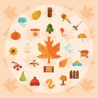 herfst seizoen weer esdoornblad mand hoed pompoen pictogrammen set vector