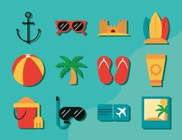 zomervakantie reizen recreatie avontuur collectie iconen vlakke stijl vector