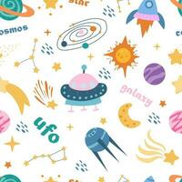 naadloos ruimte monsters patroon. elementen van kinderen ruimte, schattig planeten en buitenaardse wezens vector