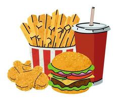 snel voedsel, tekenfilm pictogrammen set, gemakkelijk vlak stijl, straat hoog calorie voedsel illustratie. vector