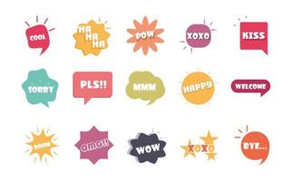 slang bubbels verschillende woorden en zinnen in veelkleurige cartoon cool sorry omg plat pictogrammen set vector