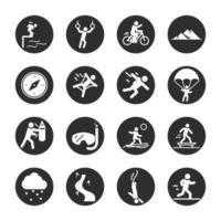 extreme sport actieve levensstijl joggen ski motorcross duiken blok en plat pictogrammen set vector