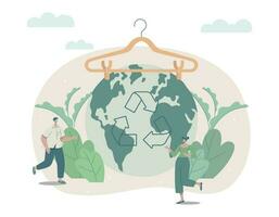 eco vriendelijk duurzaam, langzaam mode concept met kleren hanger Aan aarde planeet, recyclen, hergebruik en verminderen, vector ontwerp illustratie.