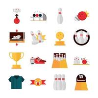 bowling spel recreatieve sportschoenen trofee bal pin shirt plat pictogrammen set vector