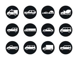 auto model vrachtwagen container pick-up container vervoer voertuig silhouet stijl iconen decorontwerp vector