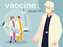 vaccin covid 19 vrouw en man arts met grote spuiten vector