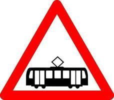 tram kruispunt teken. waarschuwing teken kruispunt met tram sporen. rood driehoek teken met tram silhouet binnen. voorzichtigheid tram. weg teken. vector