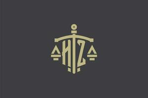 brief hz logo voor wet kantoor en advocaat met creatief schaal en zwaard icoon ontwerp vector
