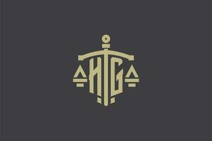 brief hg logo voor wet kantoor en advocaat met creatief schaal en zwaard icoon ontwerp vector