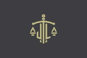 brief jl logo voor wet kantoor en advocaat met creatief schaal en zwaard icoon ontwerp vector