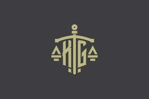 brief kg logo voor wet kantoor en advocaat met creatief schaal en zwaard icoon ontwerp vector