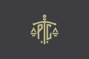 brief pc logo voor wet kantoor en advocaat met creatief schaal en zwaard icoon ontwerp vector