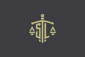 brief sl logo voor wet kantoor en advocaat met creatief schaal en zwaard icoon ontwerp vector