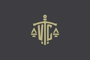 brief vc logo voor wet kantoor en advocaat met creatief schaal en zwaard icoon ontwerp vector