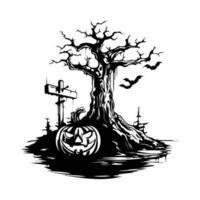 halloween pompoen met geest en graf markeerstift, droog boom vector