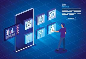 zakenman met smartphone en analysegegevens vector