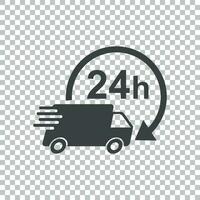 levering 24 uur vrachtauto met klok vector illustratie. 24 uren snel levering onderhoud Verzending icoon. gemakkelijk vlak pictogram voor bedrijf, afzet of mobiel app internet concept