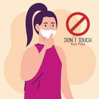 raak je gezicht niet aan, jonge vrouw met gezichtsmasker, vermijd je gezicht aan te raken, coronavirus covid19 preventie vector