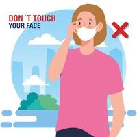 raak uw gezicht niet aan, vrouw die gezichtsmasker gebruikt, vermijd uw gezicht aan te raken, coronavirus covid19 preventie vector