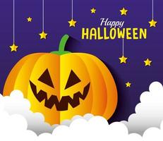 happy halloween banner, met pompoen, sterren en wolken in papier gesneden stijl cut vector